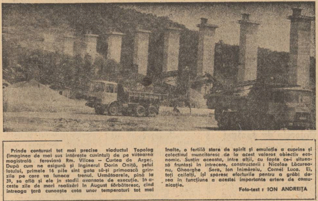 Viaductul Topolog – pile ridicate, suprastructura încă în pregătire (România Liberă, aug. 1983).